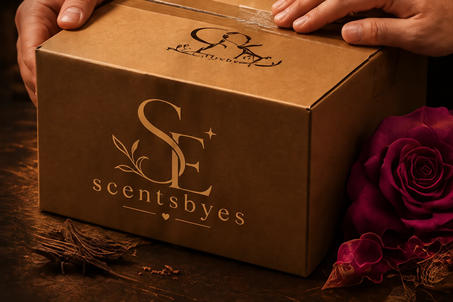 Handen sluiten een kraft Scentsbyes-doos met gouden logo, naast een dieprode roos
