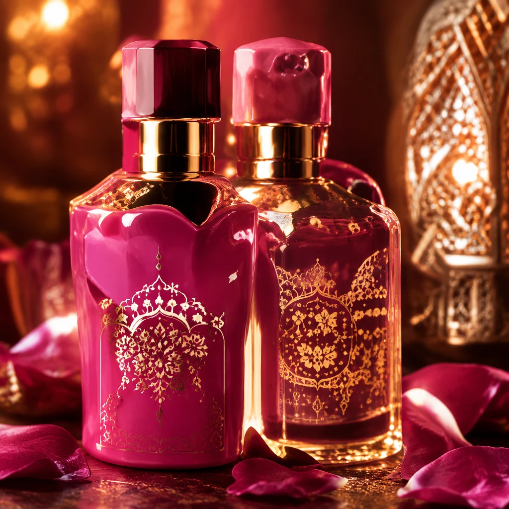 Roze parfumflacons met rozen
