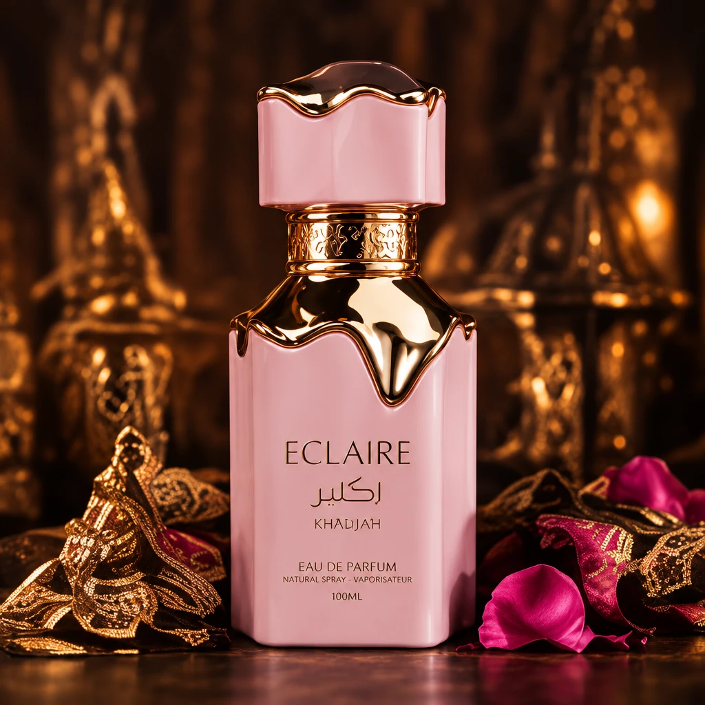 Eclaire Pistache eau de parfum — roze flacon met gouden kroondop tussen rozenblaadjes