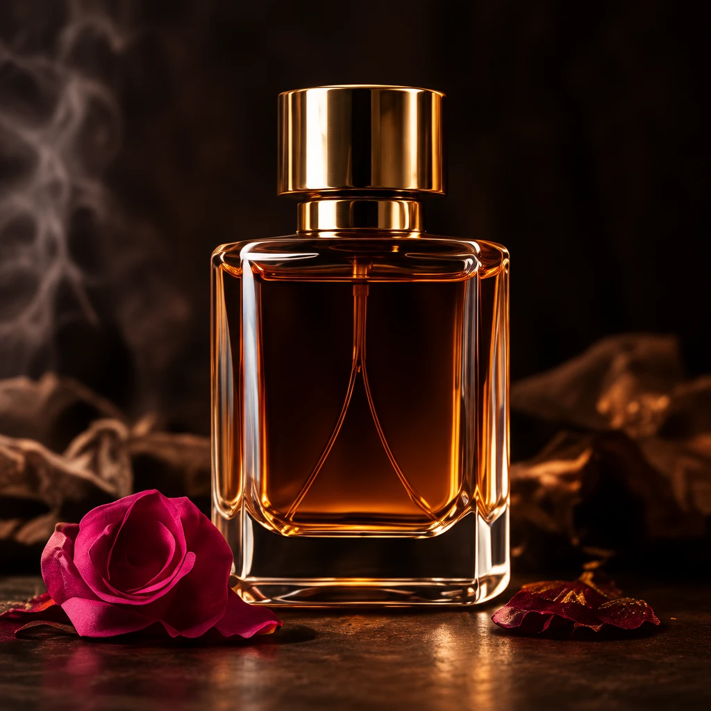 Oud Royale parfum — amberkleurige glazen flacon met gouden dop en gedroogde roos